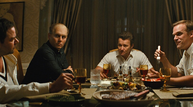 RORY COCHRANE as Stephen Flemmi, JOHNNY DEPP as Whitey Bulger, JOEL EDGERTON as John Connolly and DAVID HARBOUR as John Morris in the drama "BLACK MASS."