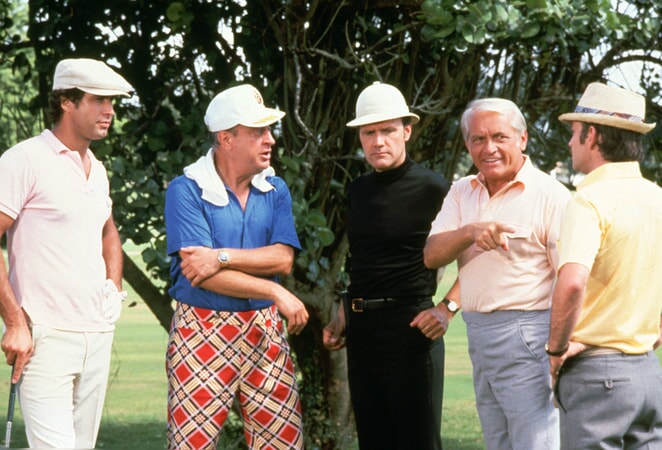 chevy chase as ty webb, rodney dangerfield al czervik, dan resin as dr. beeper, ted knight as judge smails and brian doyle-murray as lou loomis in caddyshack