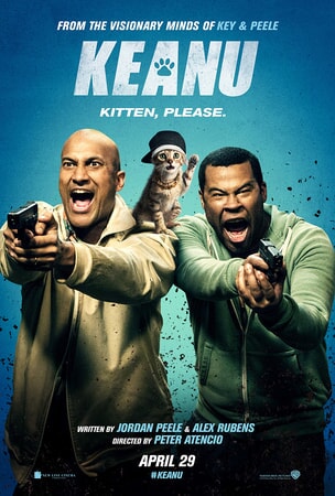 Keanu: Key and Peele holding guns with kitten on their shoulder