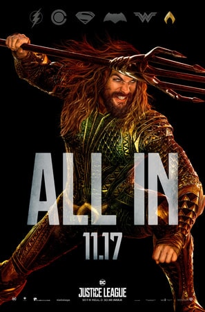 Full shot of Aquaman with ALL IN text superimposed over him