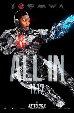 Full shot of Cyborg leaping with ALL IN text superimposed over him