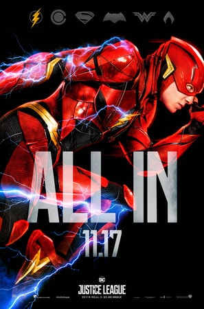 Full profile shot of The Flash with ALL IN text superimposed over him