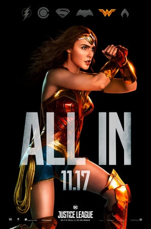 Full shot of Wonder woman with ALL IN text superimposed over her