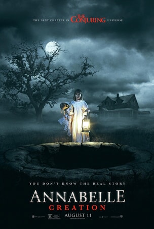 Girl holding Annabelle doll next to a well