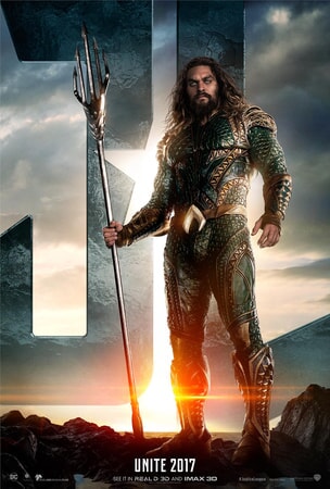 Aquaman standing in front of JL logo