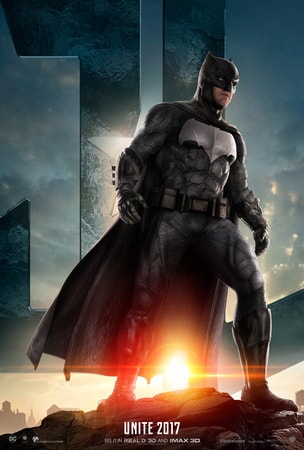 Batman standing in front of JL logo