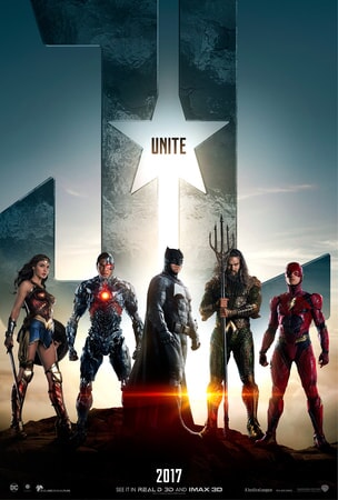 Wonder Woman, Cyborg, Batman, Aquaman and The Flash in front of JL logo