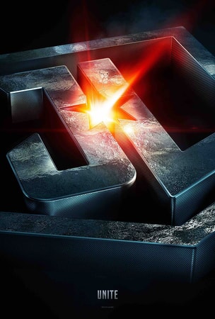 Justice League logo made from steel with star-shape in the center and light beam coming through
