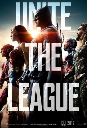Justice League members Flash, Wonder Woman, Batman Cyborg and Aqua Man in profile with "Unite the League" in large text over the poster