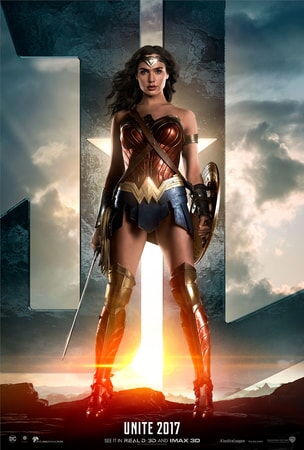 Wonder Woman standing in front of JL logo