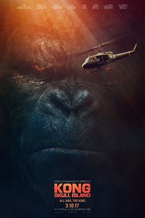Close-up of Kong's face with helicopter flying in front