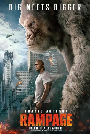 Dwayne Johnson standing under building-size gorilla in Rampage poster