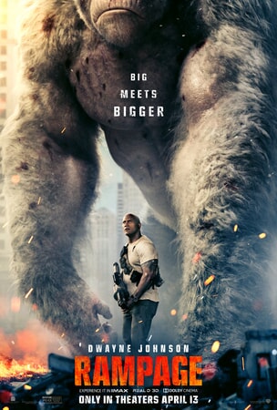 Dwayne Johnson standing under building-size gorilla in Rampage poster