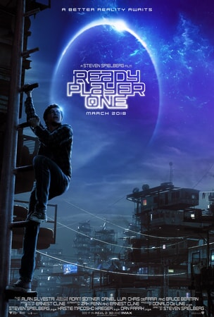 Ready Player One poster art - Wade Watts climbing ladder in shanty type town
