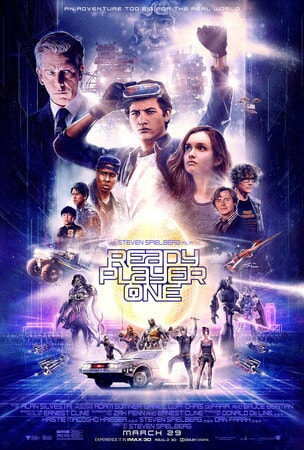 Collage of characters in an 80's inspired poster for Ready Player One