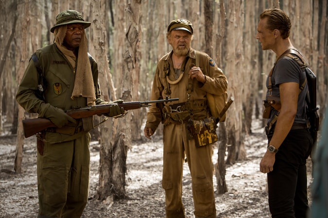 SAMUEL L. JACKSON as Preston Packard, JOHN C. REILLY as Hank Marlow and TOM HIDDLESTON as James Conrad in Warner Bros. Pictures', Legendary Pictures' and Tencent Pictures' action adventure "KONG: SKULL ISLAND," a Warner Bros. Pictures release.