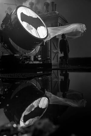 Black and white photo on the set of Justice League