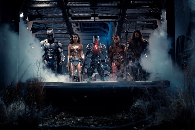 BEN AFFLECK as Batman, GAL GADOT as Wonder Woman, RAY FISHER as Cyborg, EZRA MILLER as The Flash and JASON MOMOA as Aquaman