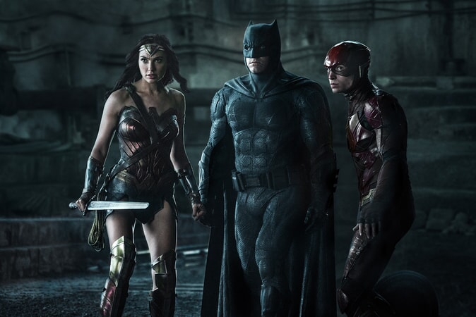 GAL GADOT as Wonder Woman, BEN AFFLECK as Batman and EZRA MILLER as The Flash in Warner Bros. Pictures' action adventure "JUSTICE LEAGUE," a Warner Bros. Pictures release.