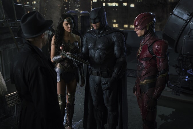 J.K. SIMMONS as Commissioner Gordon, GAL GADOT as Wonder Woman, BEN AFFLECK as Batman and EZRA MILLER as The Flash in Warner Bros. Pictures' action adventure "JUSTICE LEAGUE," a Warner Bros. Pictures release.
