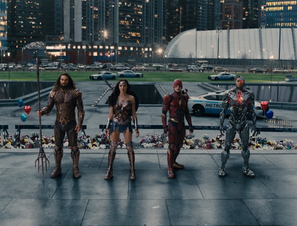 JASON MOMOA as Aquaman, GAL GADOT as Wonder Woman, EZRA MILLER as The Flash and RAY FISHER as Cyborg in Warner Bros. Pictures' action adventure "JUSTICE LEAGUE," a Warner Bros. Pictures release.