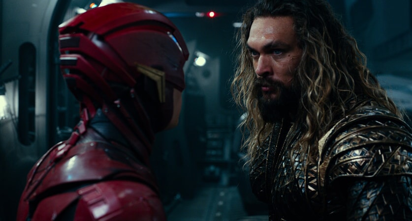 EZRA MILLER as The Flash and JASON MOMOA as Aquaman in Warner Bros. Pictures' action adventure "JUSTICE LEAGUE," a Warner Bros. Pictures release.