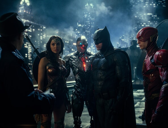 J.K. SIMMONS as Commissioner Gordon, GAL GADOT as Wonder Woman, RAY FISHER as Cyborg, BEN AFFLECK as Batman and EZRA MILLER as The Flash in Warner Bros. Pictures' action adventure "JUSTICE LEAGUE," a Warner Bros. Pictures release.