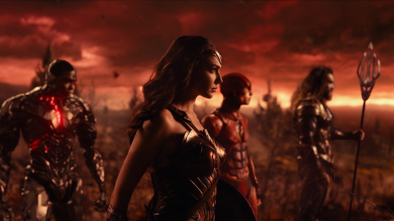 RAY FISHER as Cyborg, GAL GADOT as Wonder Woman, EZRA MILLER as The Flash and JASON MOMOA as Aquaman in Warner Bros. Pictures' action adventure "JUSTICE LEAGUE," a Warner Bros. Pictures release.