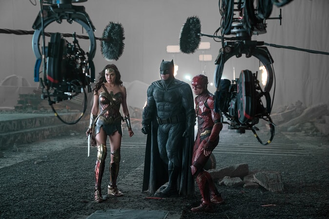 GAL GADOT, BEN AFFLECK and EZRA MILLER on the set of Warner Bros. Pictures' action adventure "JUSTICE LEAGUE," a Warner Bros. Pictures release.