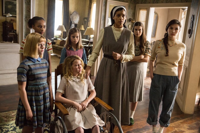LULU WILSON as Linda, TAYLER BUCK as Kate, TALITHA BATEMAN as Janice, LOU LOU SAFRAN as Tierney, STEPHANIE SIGMAN as Sister Charlotte, PHILIPPA COULTHARD as Nancy and GRACE FULTON as Carol in New Line Cinema's supernatural thriller "ANNABELLE: CREATION," a Warner Bros. Pictures release.