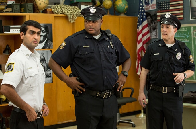 KUMAIL NANJIANI as Mehar, MICHAEL BEASLEY as Officer Rodriguez and ROBERT PRALGO as Officer Kheel in the New Line Cinema and Village Roadshow Pictures comedy "FIST FIGHT," a Warner Bros. Pictures release.