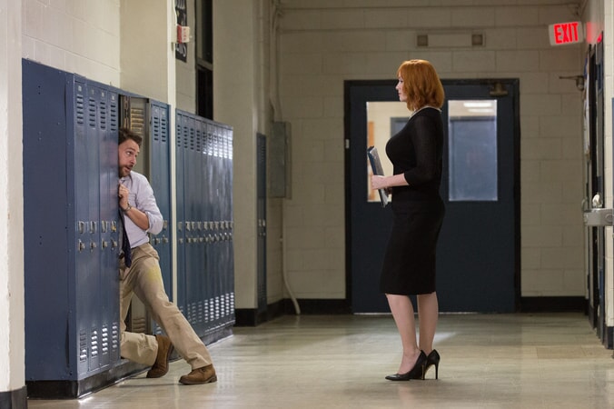 CHARLIE DAY as Andy Campbell and CHRISTINA HENDRICKS as Ms. Monet in the New Line Cinema and Village Roadshow Pictures comedy "FIST FIGHT," a Warner Bros. Pictures release.
