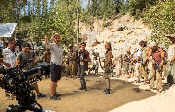 (Center L-R) Director ROAR UTHAUG, DANIEL WU and ALICIA VIKANDER on the set of Warner Bros. Pictures' and Metro-Goldwyn-Mayer Pictures' action adventure "TOMB RAIDER," a Warner Bros. Pictures release.