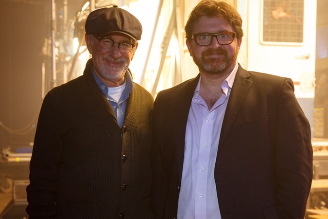 (L-R) Director/producer STEVEN SPIELBERG and screenwriter/author ERNEST CLINE on the set of Warner Bros. Pictures', Amblin Entertainment's and Village Roadshow Pictures' action adventure "READY PLAYER ONE," a Warner Bros. Pictures release.