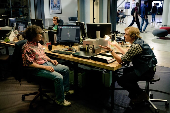 MARK RYLANCE as James Halliday and SIMON PEGG as Ogden Morrow in Warner Bros. Pictures', Amblin Entertainment's and Village Roadshow Pictures' action adventure "READY PLAYER ONE," a Warner Bros. Pictures release.