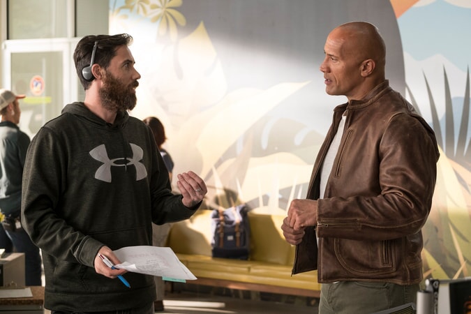 (L-R) Director/producer BRAD PEYTON and DWAYNE JOHNSON on the set of New Line Cinema's and ASAP Entertainment's action adventure "RAMPAGE," a Warner Bros. Pictures release.