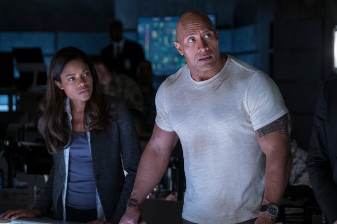 NAOMIE HARRIS as Dr. Kate Caldwell and DWAYNE JOHNSON as Davis Okoye in New Line Cinema's and ASAP Entertainment's action adventure "RAMPAGE," a Warner Bros. Pictures release.