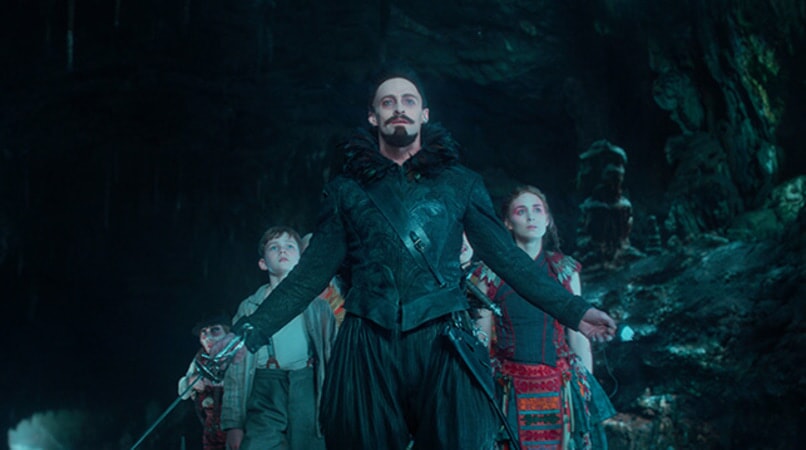 LEVI MILLER as Peter, HUGH JACKMAN as Blackbeard and ROONEY MARA as Tiger Lily in Warner Bros. Pictures' and RatPac-Dune Entertainment's action adventure "PAN," a Warner Bros. Pictures release.
