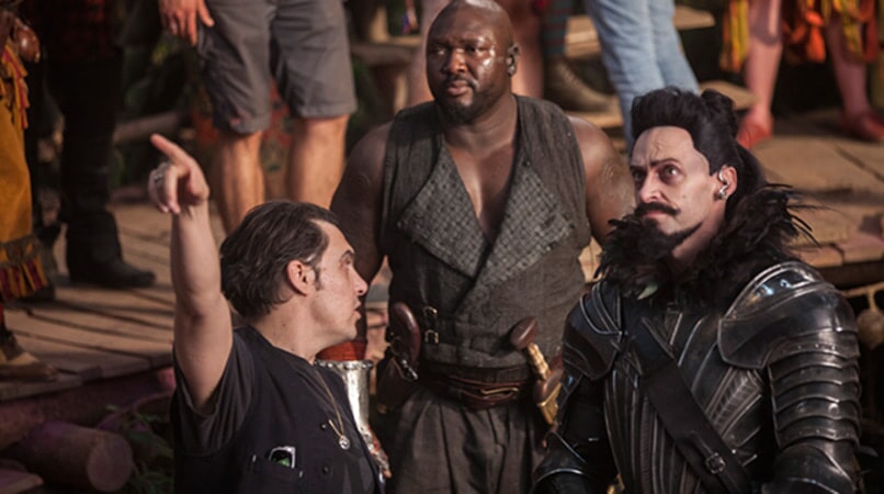 Director JOE WRIGHT, NONSO ANOZIE and HUGH JACKMAN on the set of Warner Bros. Pictures' and RatPac-Dune Entertainment's action adventure "PAN," a Warner Bros. Pictures release.